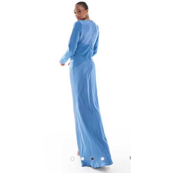 Asos Long Sleeve Satin Maxi Dress Size 16T Asymmetrical Formal Event Elegant - Picture 2 of 15
